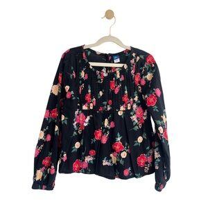 Old Navy Black Floral Long Sleeve Swing Top, Red & Cream Blooms | Girl L (10-12)